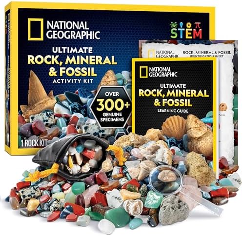 NATIONAL GEOGRAPHIC Rock Collection Box for Kids – 300 Piece Gemstones and Crystals Set Includes Geodes and Real Fossils, Rocks and Minerals Science Kit for Kids, A Geology Gift for Boys and Girls