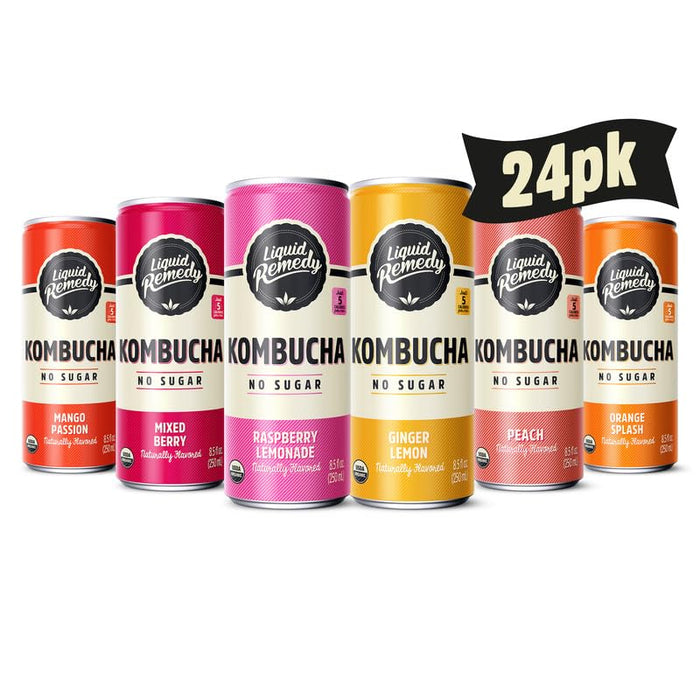Liquid Remedy Kombucha Sugar Free Organic Drink, Low Calorie, Probiotic Like Tea for Gut Health - Super Sampler Variety Pack - 8.5 Fl Oz Can, 24-Pack