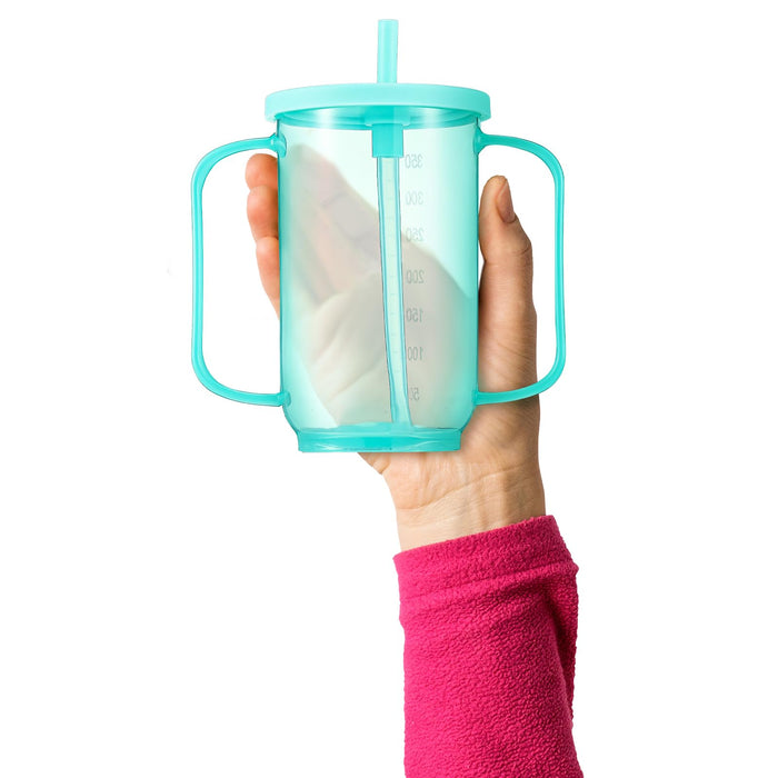 Sliner 1 Pcs Adult Sippy Cups for Elderly, Plastic Spill Proof Cups with 2 Handles Straw and Lid Elderly Drinking Cups for Adults Hospital Disabled Handicapped Patients, 12 oz