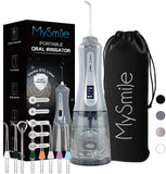 MySmile Powerful Cordless 350ML Water Dental Flosser Portable OLED Display Oral Irrigator with 5 Pressure Modes 8 Replaceable Jet Tips and Storage Bag for Home Travel Use (Gray)