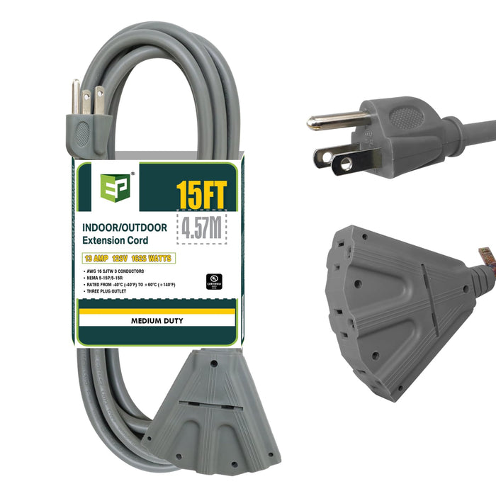 EP 15 Ft Outdoor Extension Cord with 3 Electrical Power Outlets - 16/3 SJTW Grey Cable with 3 Prong Grounded Plug for Safety Great for Christmas Lights, Garden and Major Appliances