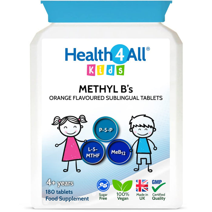 Health4All Kids Methyl B's 180 Tablets for Children for Stress & Mood Support. Sublingual Vegan pre-methylated B12 Methylcobalamin, 5-Methylfolate and Vitamin B6 P-5-P