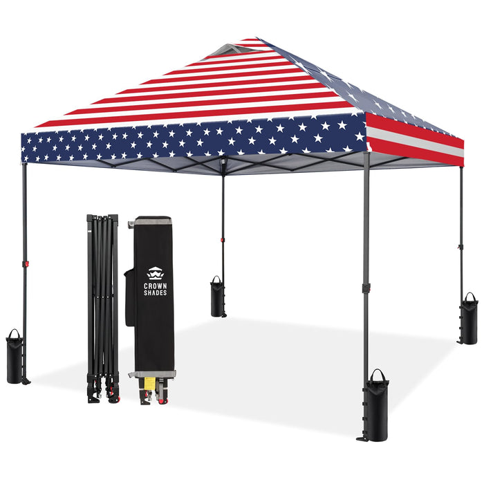 CROWN SHADES 10x10 Pop Up Canopy - Patented Center Lock One Push Instant Outdoor Canopy Beach Tent with STO-N-Go Bag 8 Stakes & 4 Sand Bags，American Flag