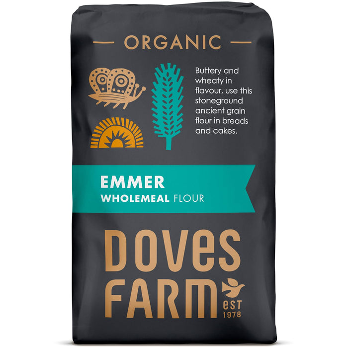 DOVES FARM Organic Emmer Wholemeal Flour | for Bread & Cake Baking | High in Fiber & Protein | Traditional British Stoneground Flour | Kosher & Vegan | Whole Wheat Flour | 35.27 Oz (1kg)