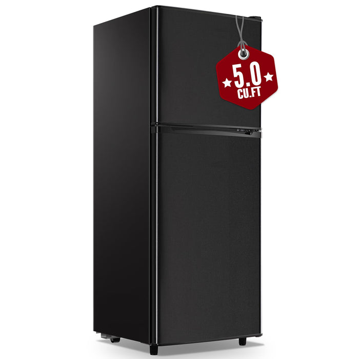WANAI Large Capacity Fridge with Freezer, 5.0 CU.FT Refrigerator with 2 Door & 7 Gear Mechanical Control & Side Bottle Rack, LED Light, Ideal for Dorm, Kitchen, Apartment, Office, Black