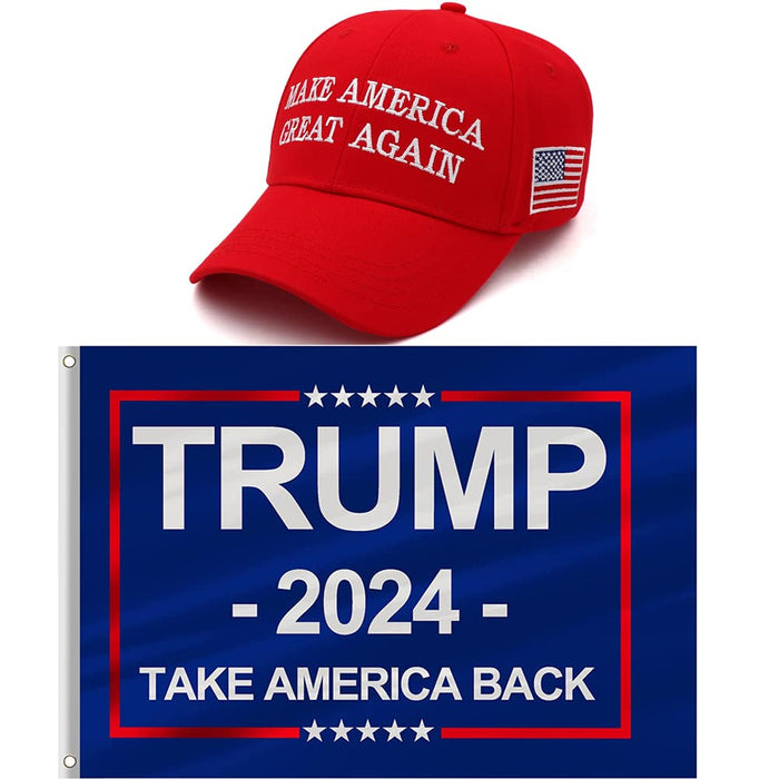 Trump 2024 MAGA Hat and Trump Flag Set, Trump 2024 Hat Take America Back Baseball Cap