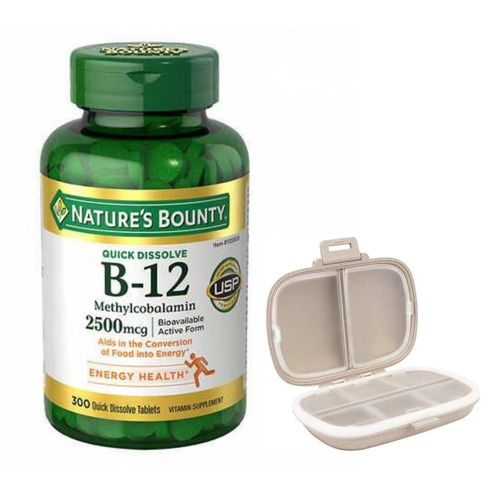 Natures Bounty Vitamin B-12 2500 mcg, 300 Quick Dissolve Tablets Bundle with a Portable Pill Organizer, 8 Compartments Travel Pill Case for Vitamins, Supplement, Khaki