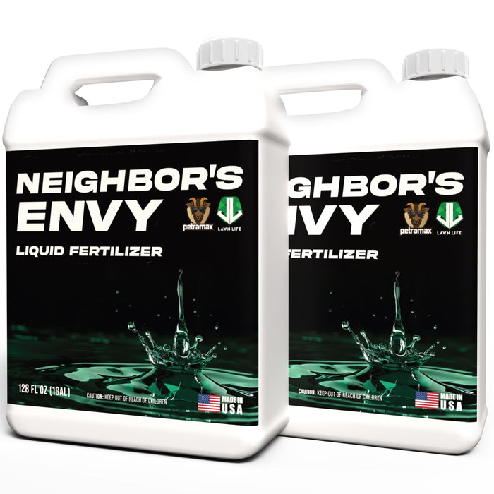PetraMax Neighbor’s Envy Grass Fertilizer for Lawn & Garden, 2 Gallon Covers up to 32,000 sq.ft. 7-in-1 Liquid Lawn Fertilizer Concentrate for Deep Green Turf - Includes Nitrogen/Iron/Humic/Sea Kelp
