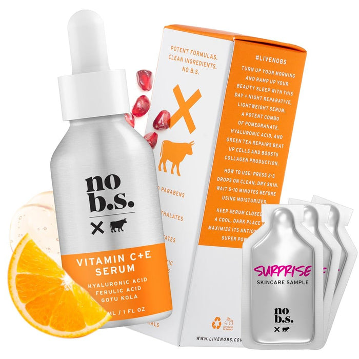No BS Vitamin C + E Serum - For Face and Clear Skin, With Hyaluronic Acid, Gotu Kola, and Ferulic Acid, Vegan (1oz). Includes 2 Skincare Deluxe Minis