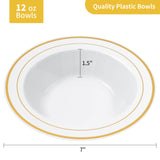 Goodluck 100 Pack Plastic Bowls with Gold Rim, 12oz Disposable Soup Bowls, Heavy Duty Dessert Bowls for Weddings, Parties, Dinners, Catering, and Everyday Use