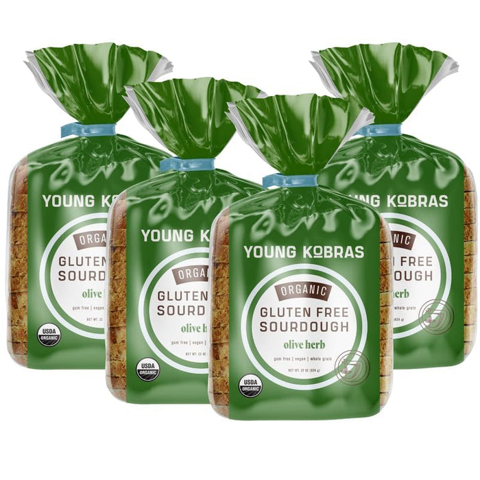 Young Kobras Organic, Gluten-Free Olive Herb Sourdough Bread (4-pack) - Allergen Friendly, Vegan, Gum-Free, Simple Ingredients & Made Fresh to Order