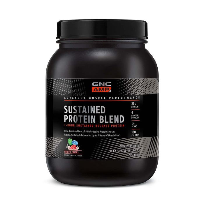 GNC AMP Sustained Protein Blend | Targeted Muscle Building and Exercise Formula | 4 Protein Sources with Rapid & Sustained Release | Gluten Free | Fruity Crisps | 28 Servings