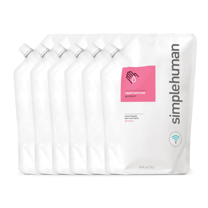 simplehuman Geranium Moisturizing Liquid Hand Soap Refill Pouch, 34 Fl. Oz, Pack of 6