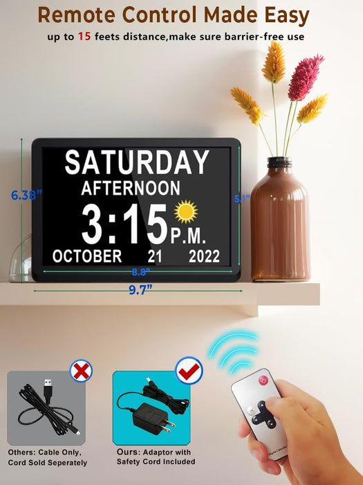 【2024 New】 Digital Clock with Date and Time for Elderly, 11.5" Large Calendar Clock for Dementia, Auto DST, 20 Custom Reminders, Adjustable Brightness, Loud Alarms, Memory Function, with Remote