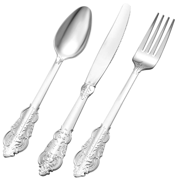 Bestluck 150PCS Silver Plastic Silverware for 50 Guests, Heavy Duty Silver Disposable Utensils Sets, Includes 50 Forks, 50 Spoons, 50 Knives, Elegant Cutlery Perfect for Wedding or Party