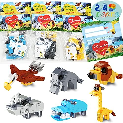WODMAZ 24 Packs Safari Animal Building Blocks with Valentines Day Cards for Kids, Safari Animal Toys Set for Valentines Classroom Exchange Cards and Valentines Party Favor