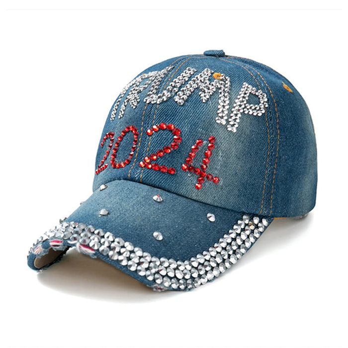 Gamusi Trump 2024 Baseball Cap Denim Distressed Bling Rhinestone Hat USA Flag Cap Adjustable Unisex (Trump 2024)