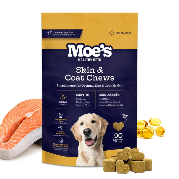 Moe’s Skin & Coat Omega 3, 6, 9 and Vitamin Supplement for Dogs- Supports Dryness, Itch Relief, & Thick, Shiny Coats- Premium Wild Alaskan Salmon Oil- For All Ages and Breeds- 90 Salmon Flavored Chews