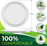 BIRCHIO 150PCS 100% Compostable 9 in Paper Plates, Heavy Duty Disposable Plates, Eco Friendly Dinner Plates, Biodegradable Plates Made of Sugarcane Fiber