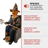 Haunted Hill Farm Motion-Activated Smiling Jack The Shovel-Wielding Sitting Scarecrow by Tekky, Talking Jump-Scare Halloween Animatronic, Plug-in or Battery Operated Halloween Decorations