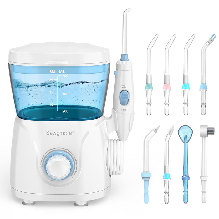 Sawgmore FC166 Water Flosser for Teeth/Braces, 600ml Large Capacity, 10 Adjustable Pressures,8 Home Nozzles Professional Oral Irrigator for Teeth Clean(White)