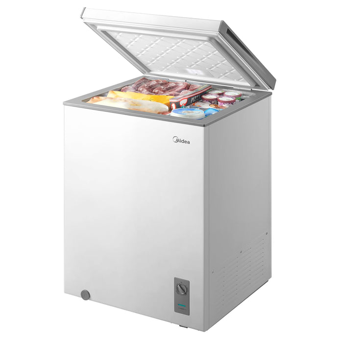 Midea MERC05C4BAWW Chest Freezer, 5.1 Cubic Feet Freezer With Removable Basket, Interior LED Light, Adjustable Temperature, For Kitchen Apartment Office, White