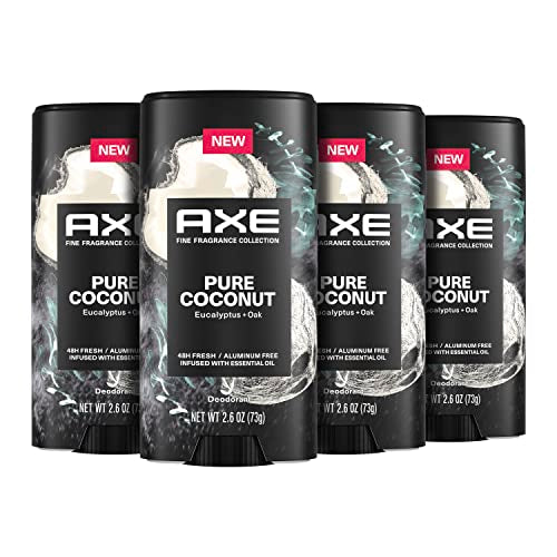 AXE Fine Fragrance Collection Deodorant Stick Pure Coconut 4 count with 48H Freshness and Odor Protection Deo Stick Infused with Coconut, Eucalyptus, and Oak Essential Oils 2.6 oz