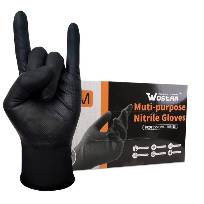 Wostar Black Nitrile Disposable Gloves Medium 8 Mil 100Pcs Latex & Powder-Free Industrial Raised Diamond Texture Black Gloves