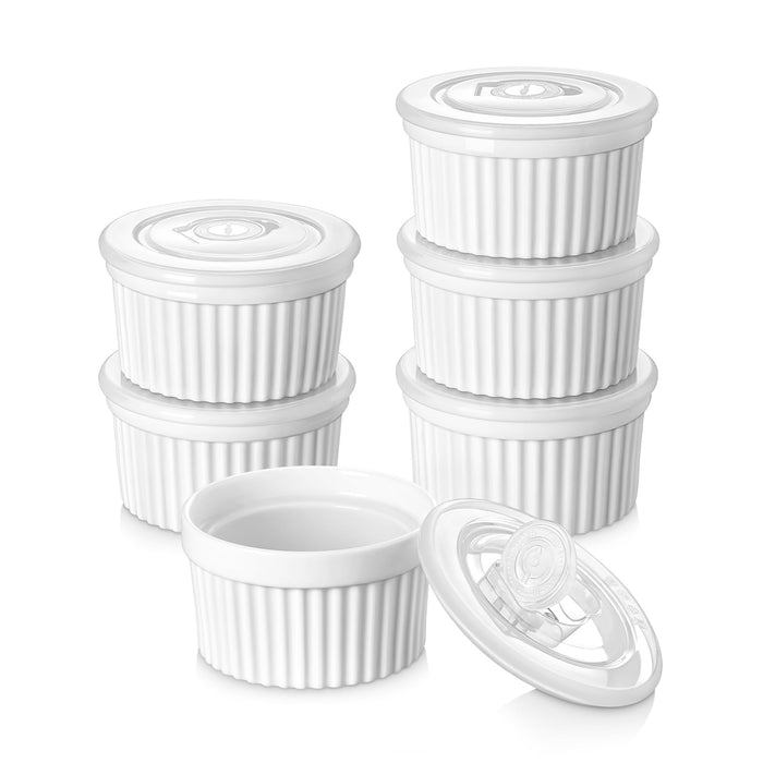 vancasso 6 oz Ramekins with Lid, Porcelain Creme Brulee Souffle Dishes, White Pudding Custard Cups Ramiken for Baking, Dishwasher and Oven Safe, Set of 6