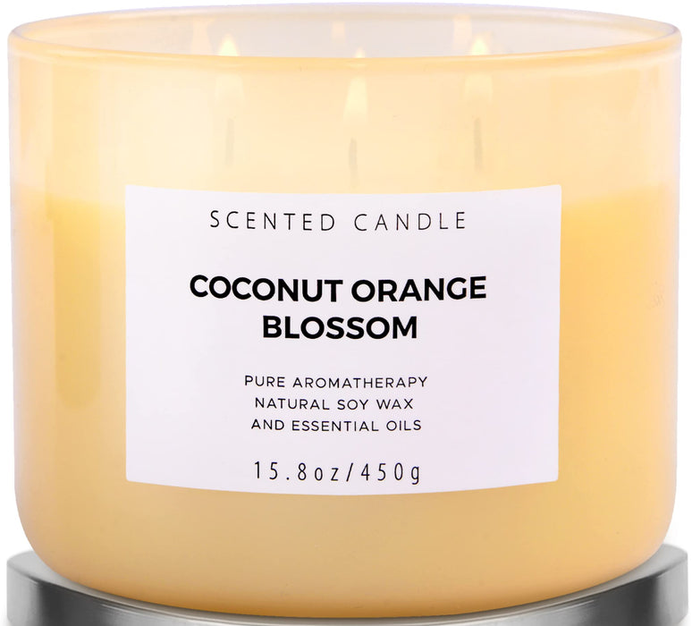 Coconut Orange Blossom 3 Wick Spring Candle - Highly Scented Soy Candles for Home - Large Stress Relief Candles –Aromatherapy Relax Candles for Women & Men 15.8 oz - Clean Burning Soy Candles