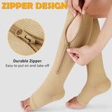 CASMON 2 Pairs Zipper Compression Socks for Women & Men, 15-20 mmHg Open Toe Knee High Support Socks for Varicose Vein Edema