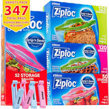 Ziplock Bags, Variety Pack, (347 Bags Total) New Stay Open Design - 52 Storage Gallon Bags - 50 Storage Quart Bags - 120 Snack Bags - 125 Sandwich Bags, Bundled with 4 Zivigo-Reusable Bag Clips,