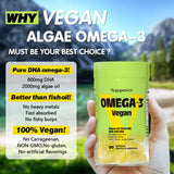 Vegan Omega-3 Algae DHA Supplements - 2000mg Algae Oil, Plant-Based Prenatal Algal DHA, 90 Carrageenan Free Softgels -Sustainable Fish Oil Alternative Supports Brain, Heart, Eyes, Joint Health