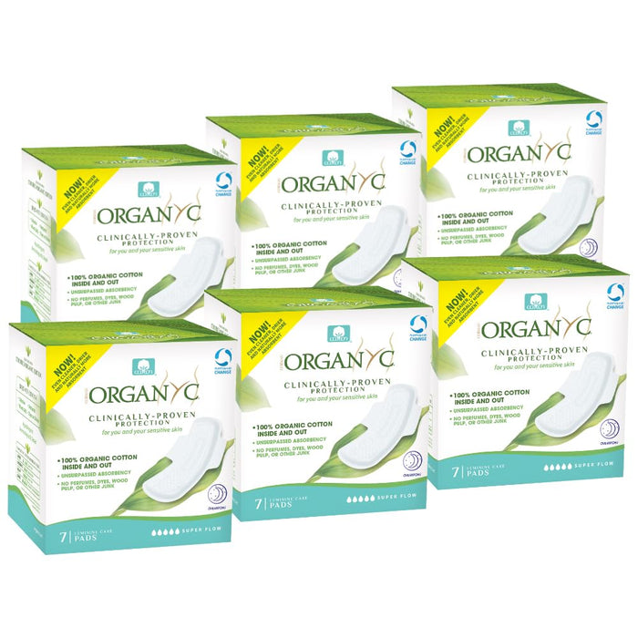 Organyc New Version 100% Certified Organic Cotton Overnight Feminine Pads, Heaviest Flow, Super Absorbency 2.0, 7 Count (6 Pack)