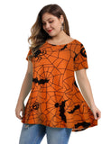 MONNURO Womens Halloween Shirts Short Sleeve Casual Loose Fit Flare Swing Plus Size Tunic Tops(Halloween Orange,1X)