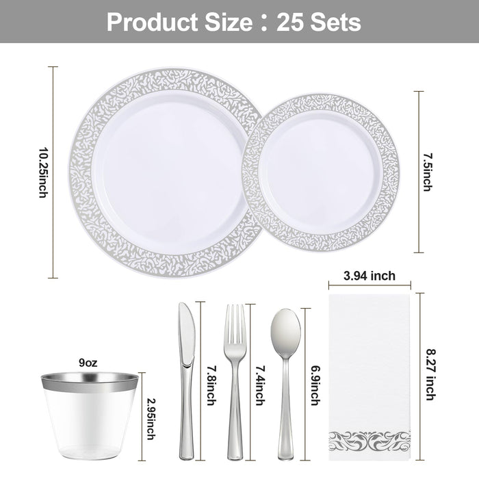 Bestluck 175PCS Silver Plastic Dinnerware Set for 25 Guests, Disposable Lace Plates for Party, Includes: 25 Dinner Plates, 25 Dessert Plates, 25 Silver Silverware Set, 25 Cups, 25 Napkins