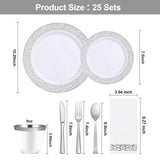 Bestluck 175PCS Silver Plastic Dinnerware Set for 25 Guests, Disposable Lace Plates for Party, Includes: 25 Dinner Plates, 25 Dessert Plates, 25 Silver Silverware Set, 25 Cups, 25 Napkins