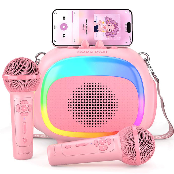 SUDOTACK Mini Karaoke Machine for Kids, Portable Bluetooth Karaoke Speaker with 2 Wilreless Microphones with LED Lights, Christmas Kids Toys Gifts for Girls 4, 5, 6, 7, 8, 9, 10 +Year Old-Pink(KM100)