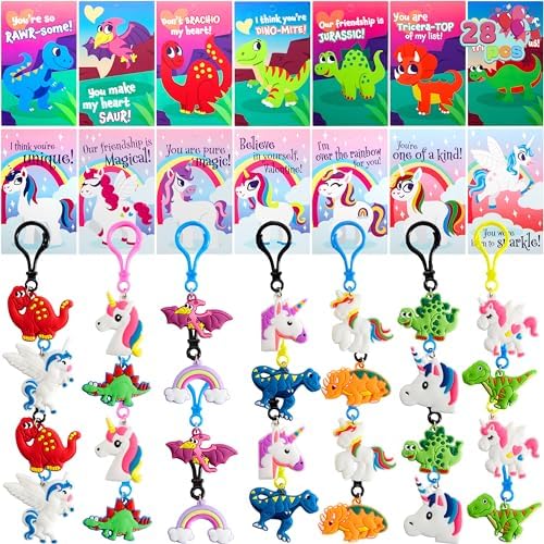 JOYIN 28 Pcs Valentine's Day Gift Cards with Unicorn Dinosaur Keychain for Kids Party Favor, Classroom Exchange Prizes, Valentine’s Greeting Cards, Kid Party Favors, School Exchange Gifts