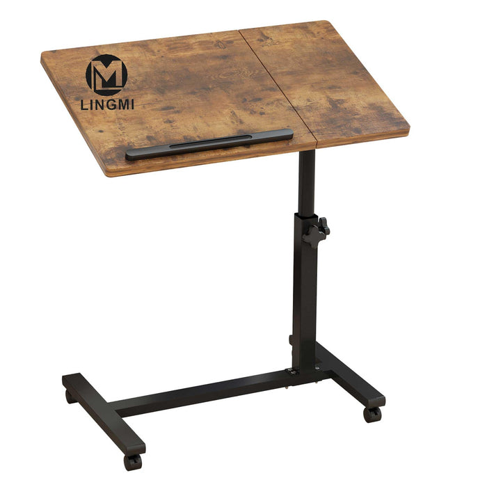 LINGMI Overbed Bedside Desk Mobile Rolling Laptop Stand Tilting Overbed Table with Wheels Height Adjustable Tray Table for Laptop Bed Sofa Side Table