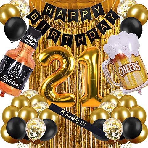 21st Birthday Decorations for Him Men, Happy 21 Bday Decor Black and Gold for Her Women Party Supplies