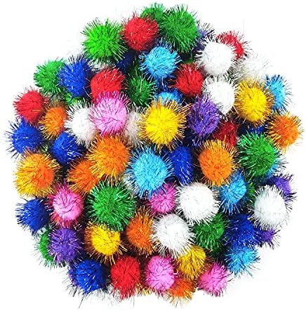 1.8 Inch Assorted Color Flash Ball Cat's Favorite Toy Ball Tinsel Pom Poms Flash for Kittens Exercise and Multiple Cats Play and Chase, 100Pcs