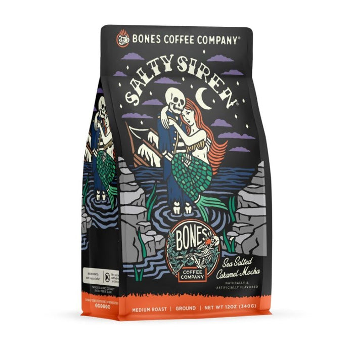 Bones Coffee Company Decaf Salty Siren Flavored Coffee Beans, Medium Roast Ground Coffee Low Acid Decaffeinated, Sea Salted Caramel Mocha Flavor (12 oz)