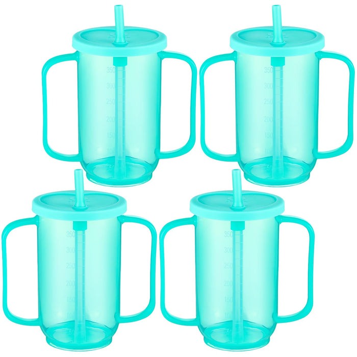 Sliner 4 Pcs Adult Sippy Cups for Elderly, Plastic Spill Proof Cups with 2 Handles Straw and Lid Elderly Drinking Cups for Adults Hospital Disabled Handicapped Patients, 12 oz