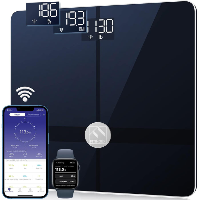 FITINDEX Wi-Fi Scale for Body Weight, Bluetooth Body Fat Scale Smart Digital Weight BMI Scale Bathroom Scale 13 Body Composition Analysis Health Monitor with ITO Coating Technology