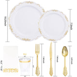 LIYH 350pcs Gold Plastic Dinnerware set, Gold Plastic Plates with Gold Edges Includes Gold Disposable Plates, Gold Plastic Silverware, 10 oz Gold Cups, Gold Napkins for Wedding, Bridal Shower