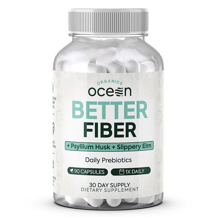 Organics Ocean Better Fiber - Daily Fiber Supplement - Soften Stool for Effortless Bowel Movements - with Psyllium Hulk and Slippery Elm - 90 Capsules