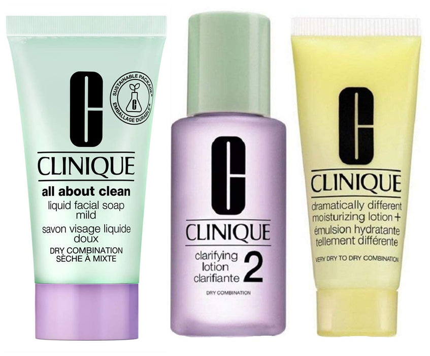 CLINIQUE 3 Step Skin Care Travel Set Dry/Combination Moisturizer+Lotion+Soap 1/2