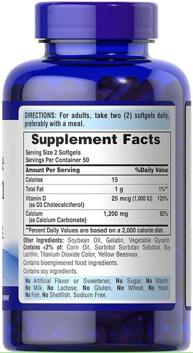 Puritan's Pride Absorbable Calcium with Vitamin D 3 1000iu Softgels, 1200 mg, 200 Count