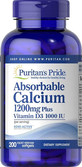 Puritan's Pride Absorbable Calcium with Vitamin D 3 1000iu Softgels, 1200 mg, 200 Count